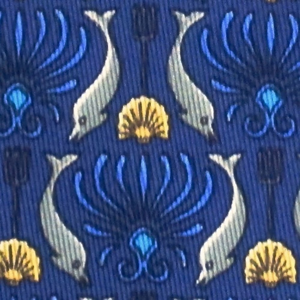 100% REAL HERMES TIE ~ NAVY BLUE FUN GRAY DOLPHINS & SHELLS TRIDENTS CONCH JEWEL